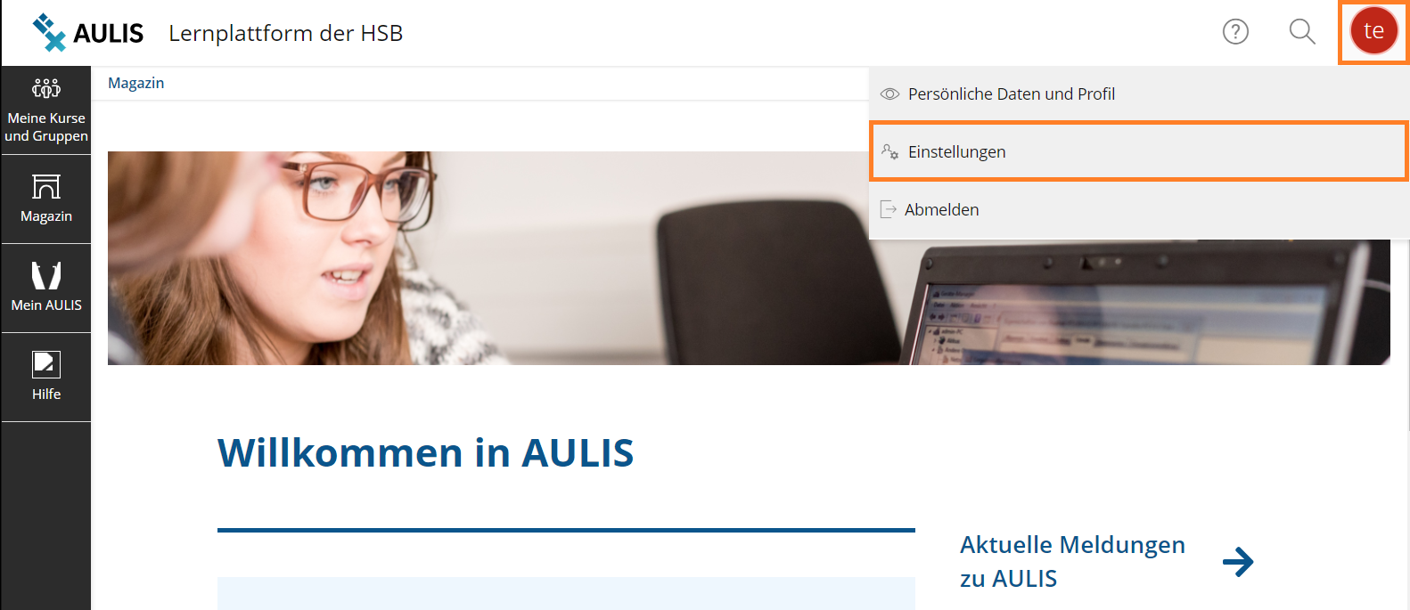 Screenshot: Open the settings by clicking on your profile icon in the top right-hand corner of the browser tab. 