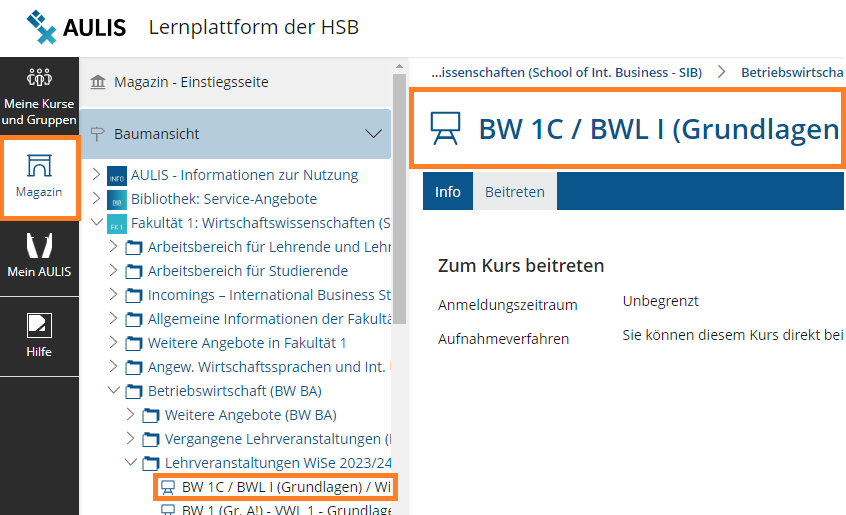 Screenshot: Links öffnet man das Magazin, dieses wird als Baumstruktur ebenfalls links angezeigt. Rechts davon befindet sich die Seitenansicht der jeweiligen Inhalte.