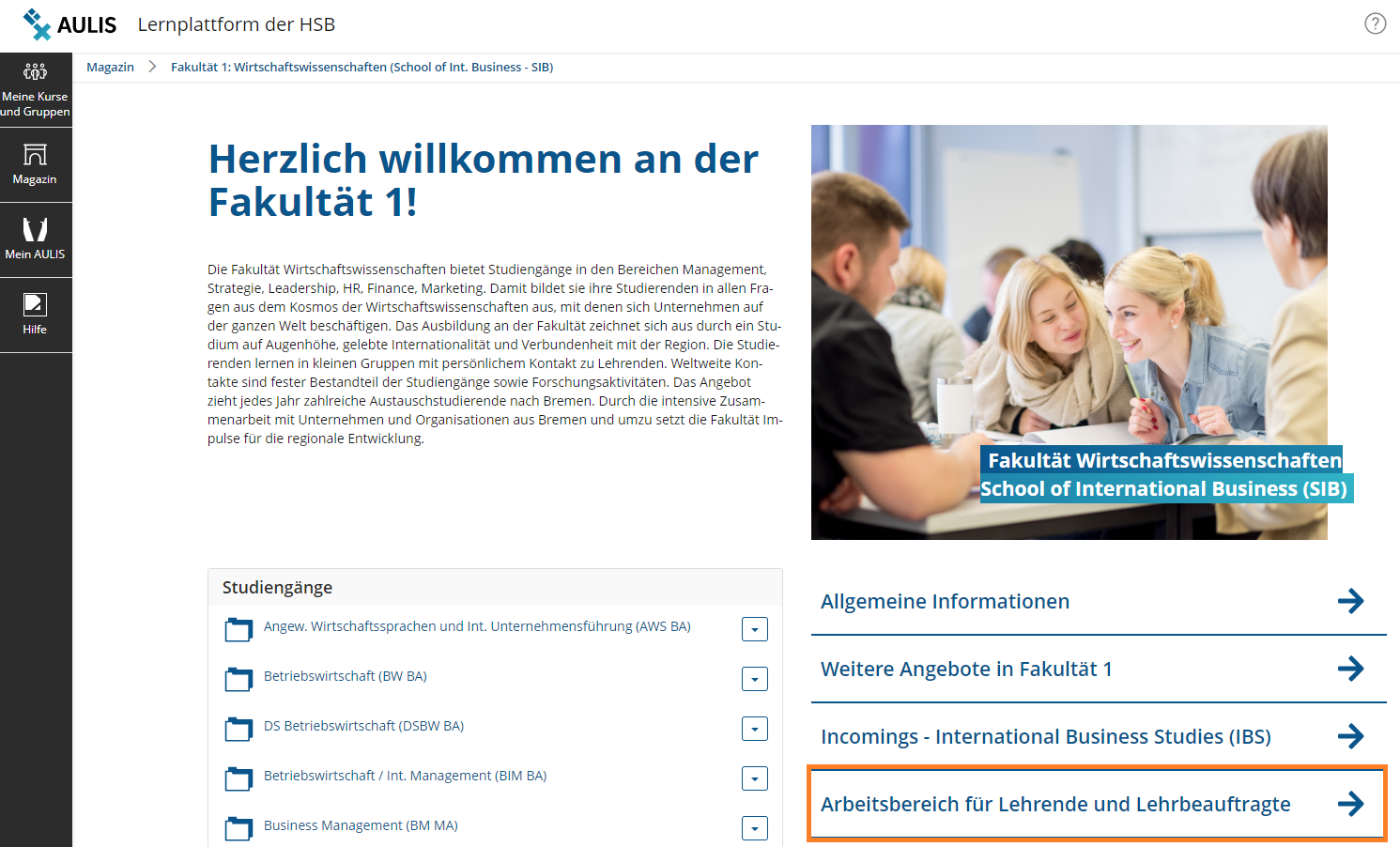 Screenshot: Arbeitsbereich für Lehrende und Lehrbeauftragte auf der Startseite der Fakultäten