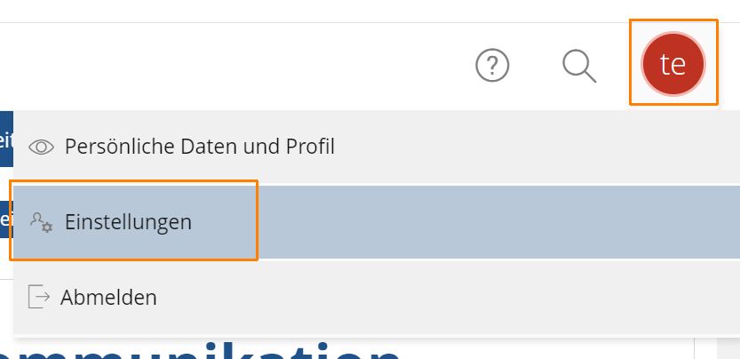 Screenshot: Das Benutzerprofil befindet sich ganz oben rechts in AULIS. Es können Profildaten und Einstellungen geöffnet werden.