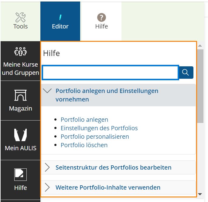 Screenshot: AULIS öffnet die kontextsensible Hilfe links im Bild. Die Hilfetexte passen sich automatisch daran an, wo man sich in AULIS befindet.