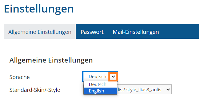 Screenshot: Switching the language settings from german to english
