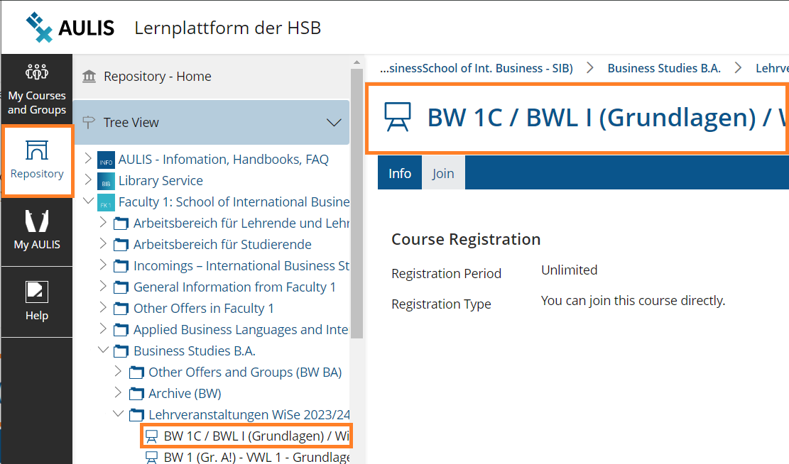 Screenshot: The link opens the repository, which is also displayed as a tree structure on the left. To the right of this is the page view of the respective content.