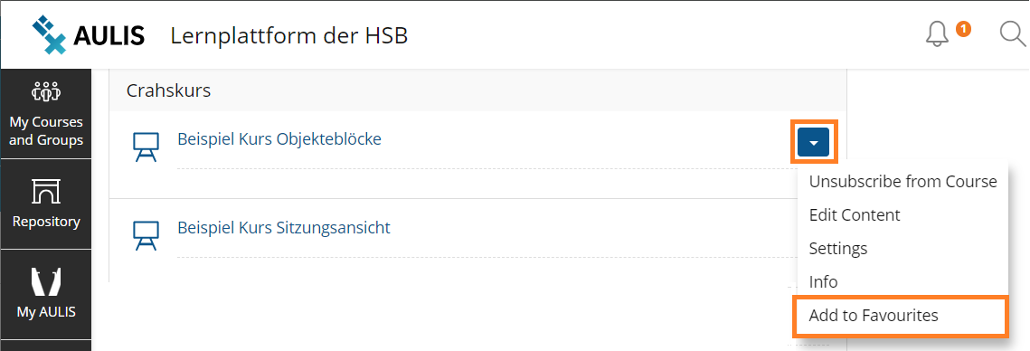 Screenshot: There is a blue square to the right of the course display in the repository or under "My courses and groups".