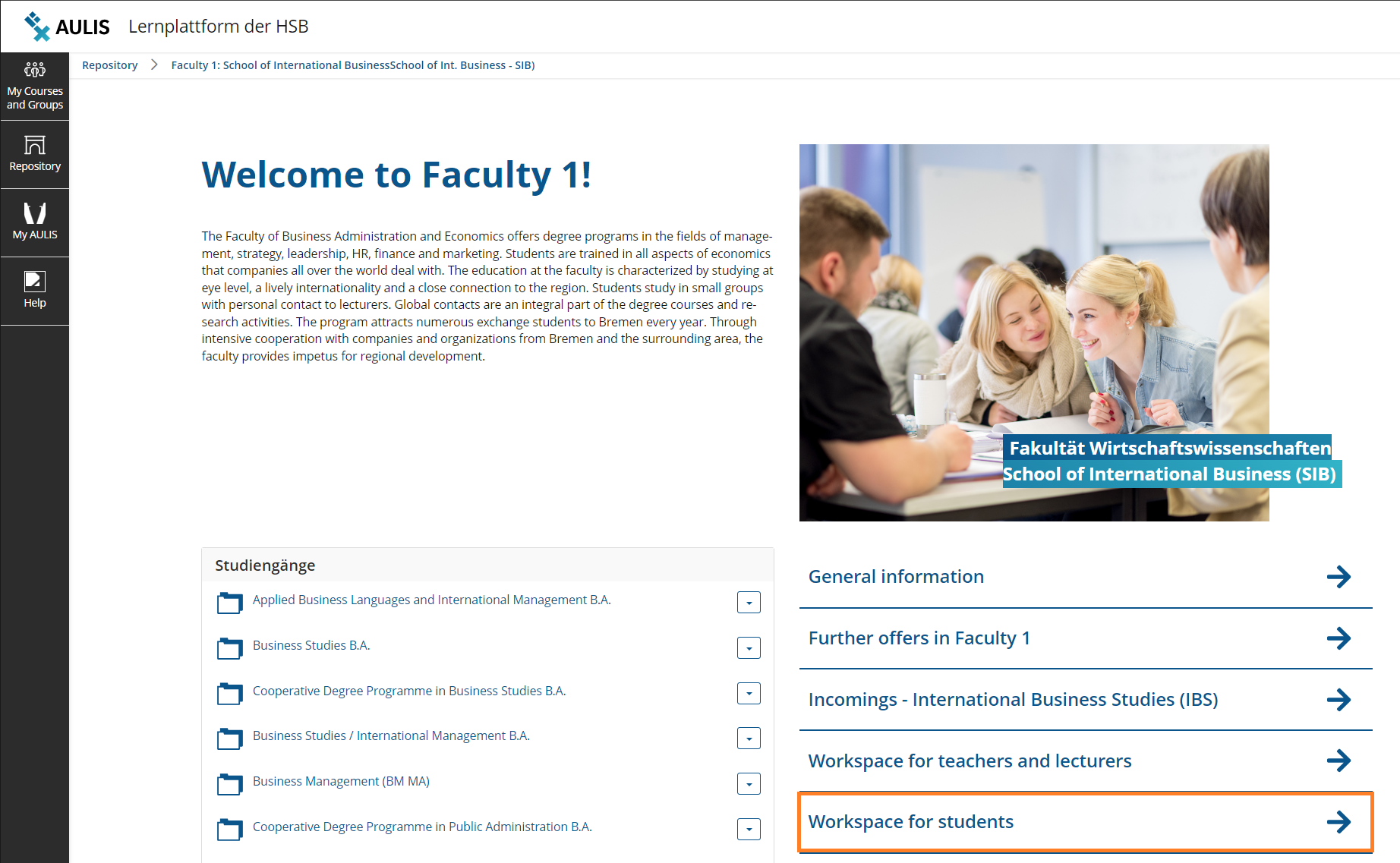 Screenshot: Workspace for students