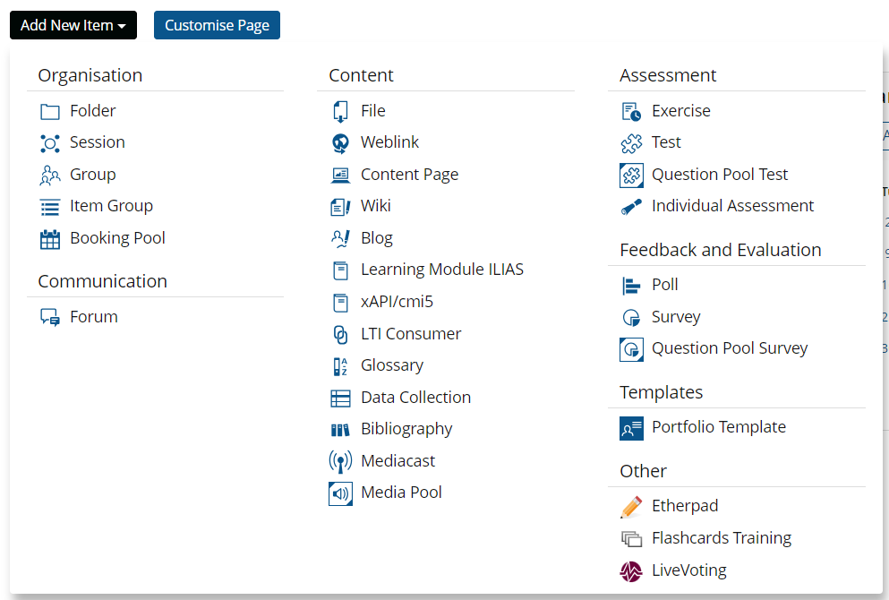 Screenshot: Overview of the content items in AULIS. Examples are: Forum, file, weblink, wiki, blog, test, survey