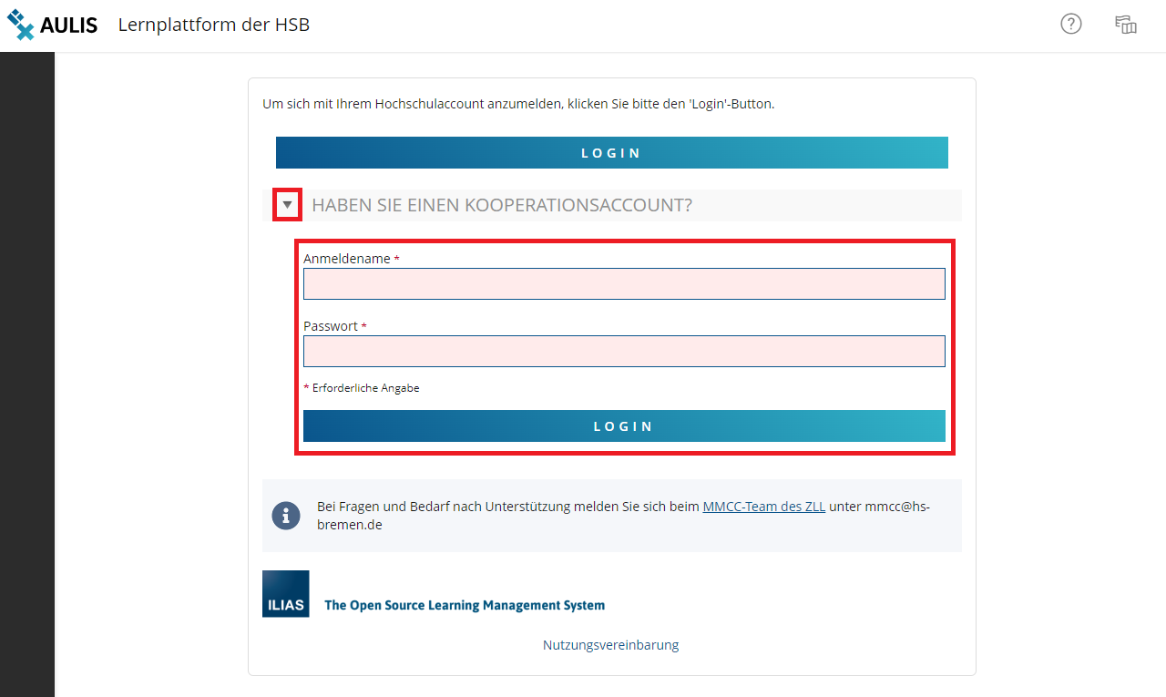 Screenshot: Login über Kooperationsaccount